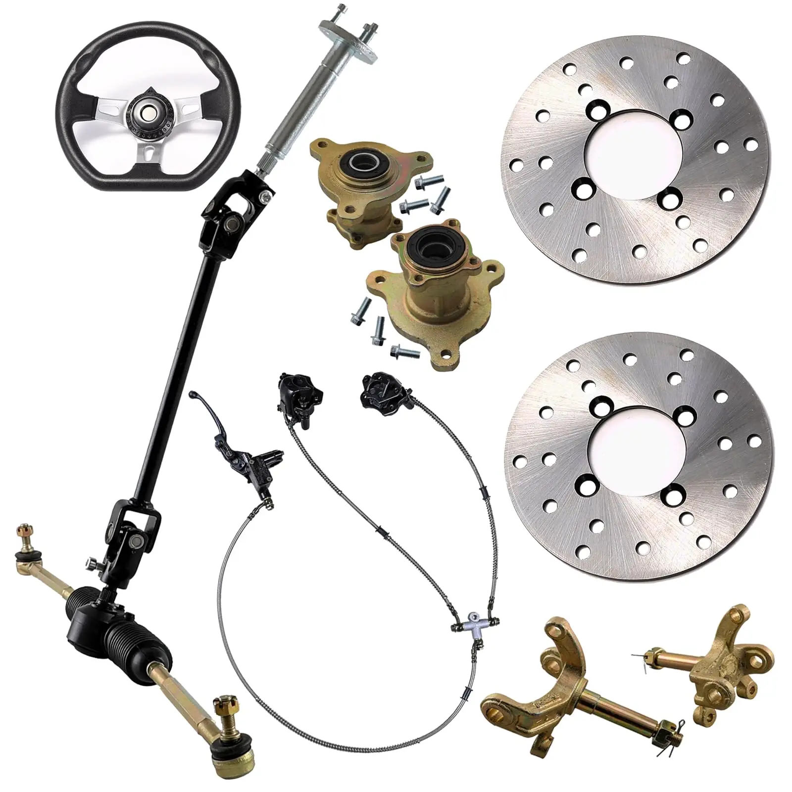 Go Kart Steering Wheel Assembly Set – Steering Shaft Kit w/Steering Wheel, Front Wheel Hubs, Knuckle Spindles, Brake Rotor, Hydraulic Brake Caliper – for ATV UTV Drift Trike Buggy Quad Golf Cart Dune
