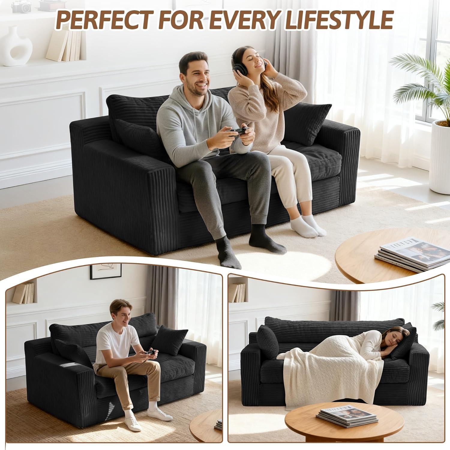 Winzoo Convertible Sofa Bed, Pull Out Boneless Couch Loveseat Floor Sofa Bed with Pillows, 2-Seater Folding Sofa Loveseat Boneless Couch for Living Room, Bedroom, Apartment, Office(Grey)