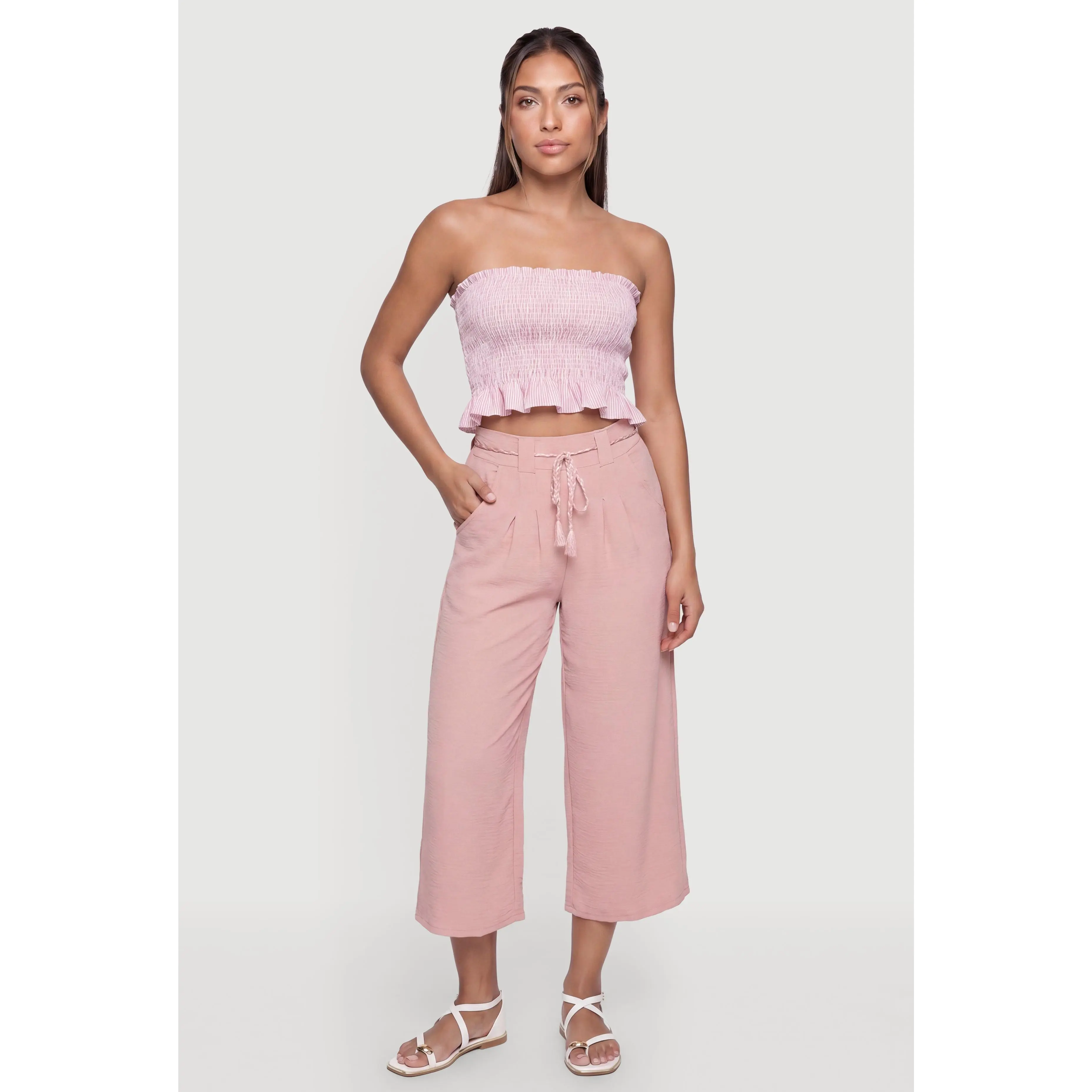 Striped Ruffle Hem Smocked Tube Crop Top
