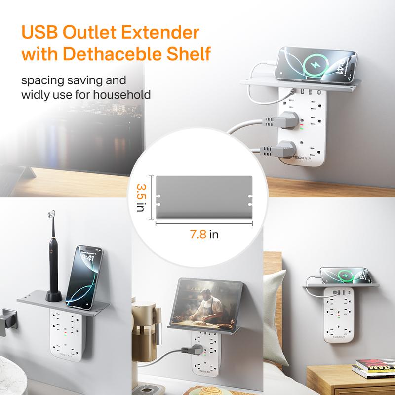 Tessan Wall Outlet Extender with Shelf Night Light Multi Plug Outlets USB Charger 6 AC 2 USB Ports 1 USB C for Home Office