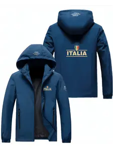 Soft Durable Polyester Fabric Flying Jacket, Blue Base with Italia Letter Print, Casual Fitted Style, Unisex
