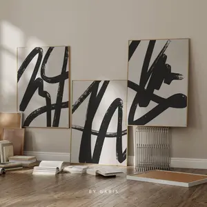 Set of 3 Black Lines  Wall Art Modern Abstract Print Black and Beige Aesthetic Organic Lines Minimalist Poster