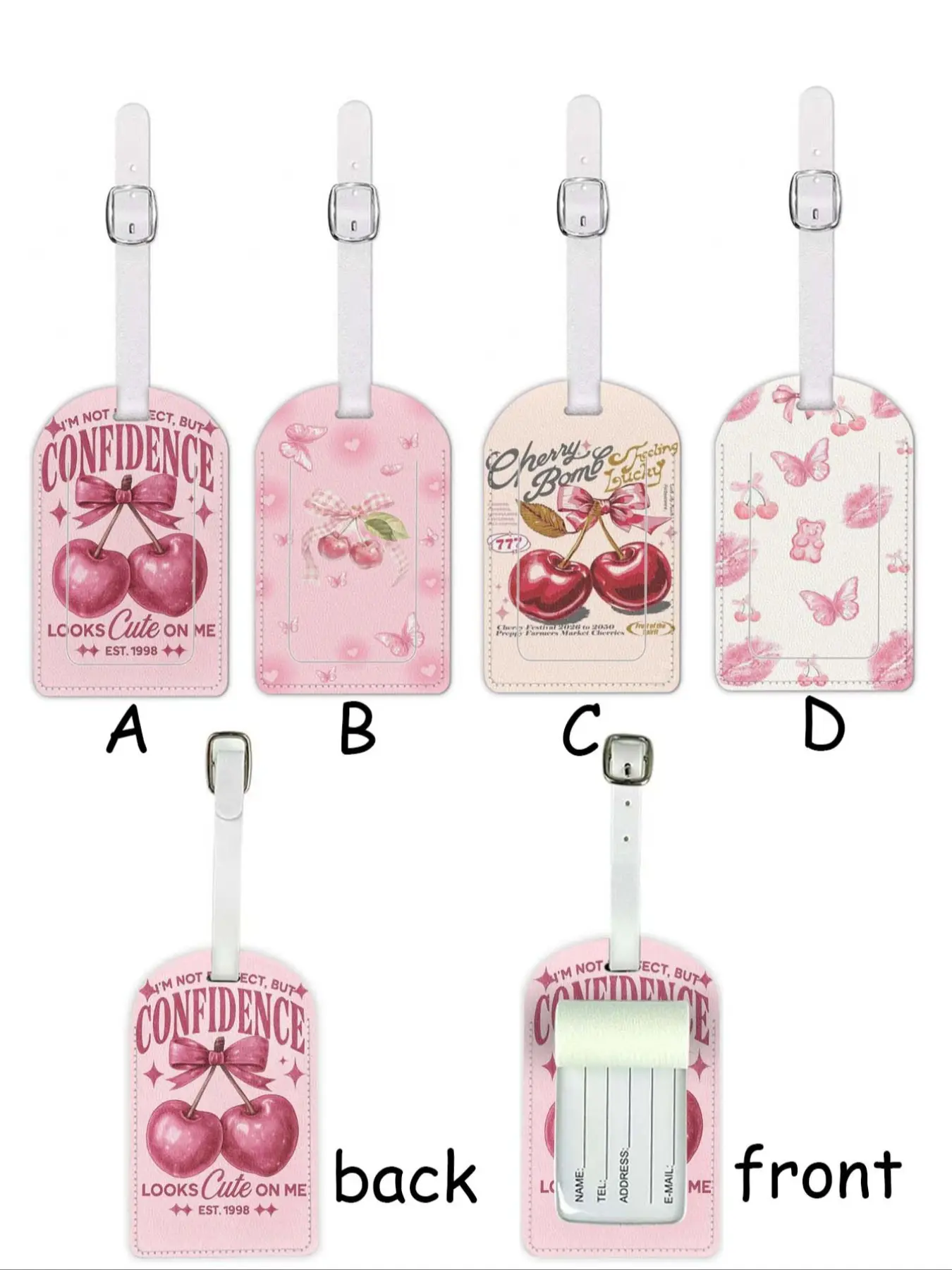 Fashion Leather Luggage Tag with Cherry Pattern, Waterproof Design, Travel Accessory for Suitcases and Cruises, Includes Name ID Card, Stylish Playful Charm