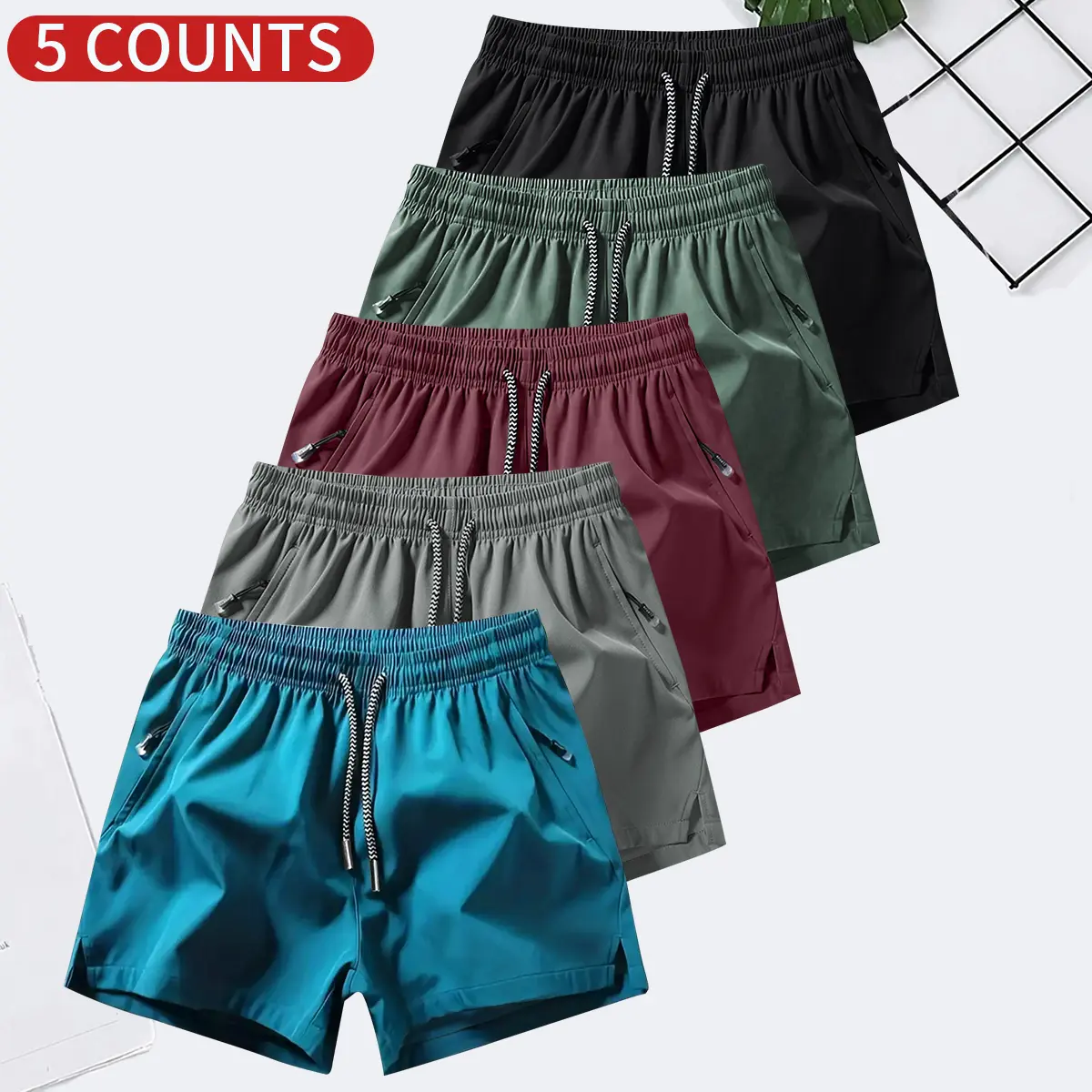 Men's Solid Color Casual Shorts Five-Piece Set, With Zipper Pockets, Summer Fashion Drawstring Sports Shorts, Suitable For Gym And Outdoor Wear Men's Solid Color Casual Shorts Five-Piece Set, With Zipper Pockets, Summer Fashion Drawstring Sports Shorts, Suitable For Gym And Outdoor Wear