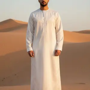 Men's Emirati Style Thobe -half white Long Sleeve Traditional Arabic Clothing for Men