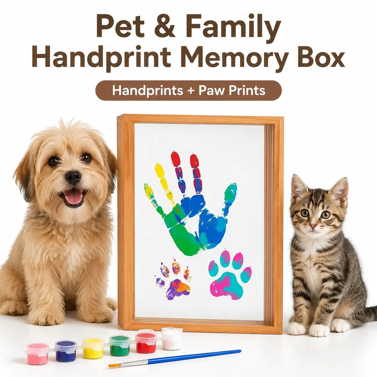 Pet & Family Handprint Memory Shadow Box Kit, Wooden Frame Keepsake for Dog Paw Print, Cat Paw Print & Owner Handprint, DIY Pet Memorial Gift, Family Keepsake Display Frame