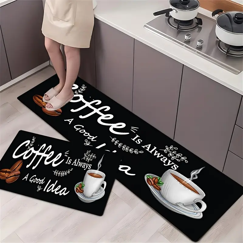 Coffee Theme Ultra-Slim Non-Slip Kitchen & Home Floor Mat 0.4cm Low-Profile Full Rubber Backing Durable Non-Woven Fabric Top for Safe & Stylish Protection linen, Durable Construction
