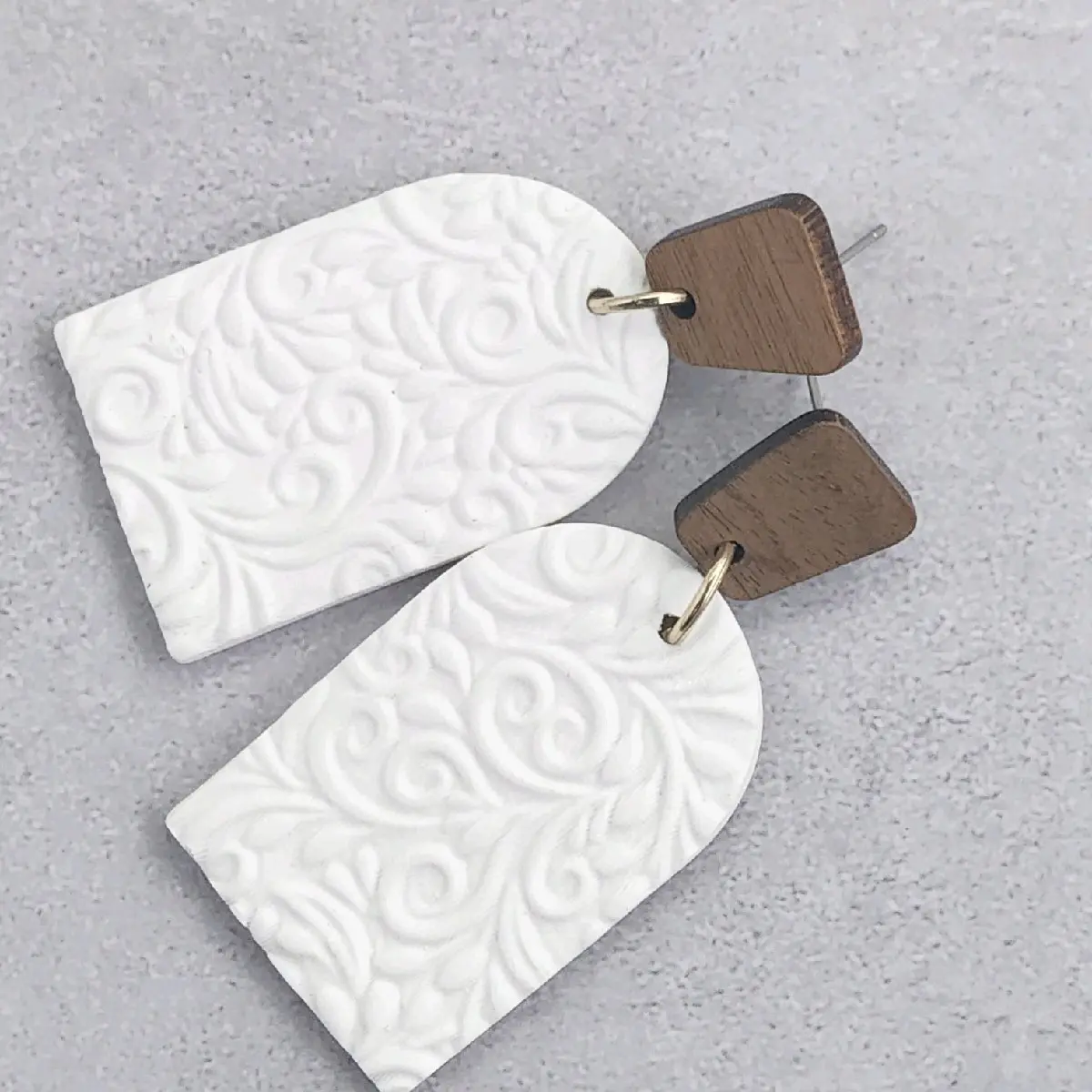 Handmade Polymer Clay Arch Dangles - White with ivy embossing