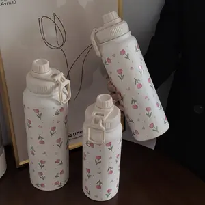 Flower Pattern Stainless Steel Vacuum Flask, 1 Count/3 Counts Large Capacity Outdoor Sports Water Bottle, Portable Insulated Drinking Containers Cup for Home Office Outdoor, Leakproof Insulated Tumbler, Hydration Tumbler, Drinkware