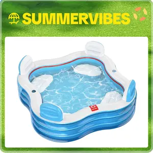 QPAU Inflatable Swimming Pool, Full-Sized Blow Up Pools with Seats and Backrests, Kiddie Pool for Outdoor & Backyard, for Family Summer Time Fun, Jelly Blue