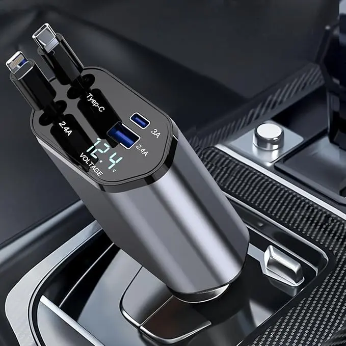 4-in-1 Collapsible Car-Mounted High Efficiency Type-C Charger, Automatic Auto-Retract Keeps Tidy Multi-Port Adapter with 80cm/31.5in Lightning Cable, Compatible with iPhone 16/15/14/13 Pro Max Plus, Samsung S23/S22/S10, High Efficiency Charger, Retracts E