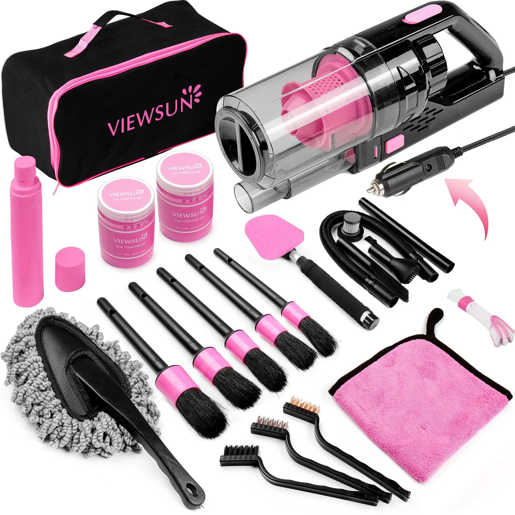 【TikTokShopFallDealsForYou】Viewsun 17pcs Car Cleaning Kit, Pink Car Interior Detailing Kit with High Power Handheld Vacuum, Detailing Brush Set, Windshield Cleaner, Cleaning Gel, Complete Auto Accessories for Women Gift,Summervibes