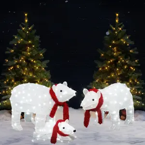 Lamerge Lighted Polar Bear Family Set of 3, Light up Christmas Decoration Polar Bear with 210 LED Lights and Red Scarf, Indoor or Outdoor Christmas Holiday Decoration for Yards Lawn Patio, White