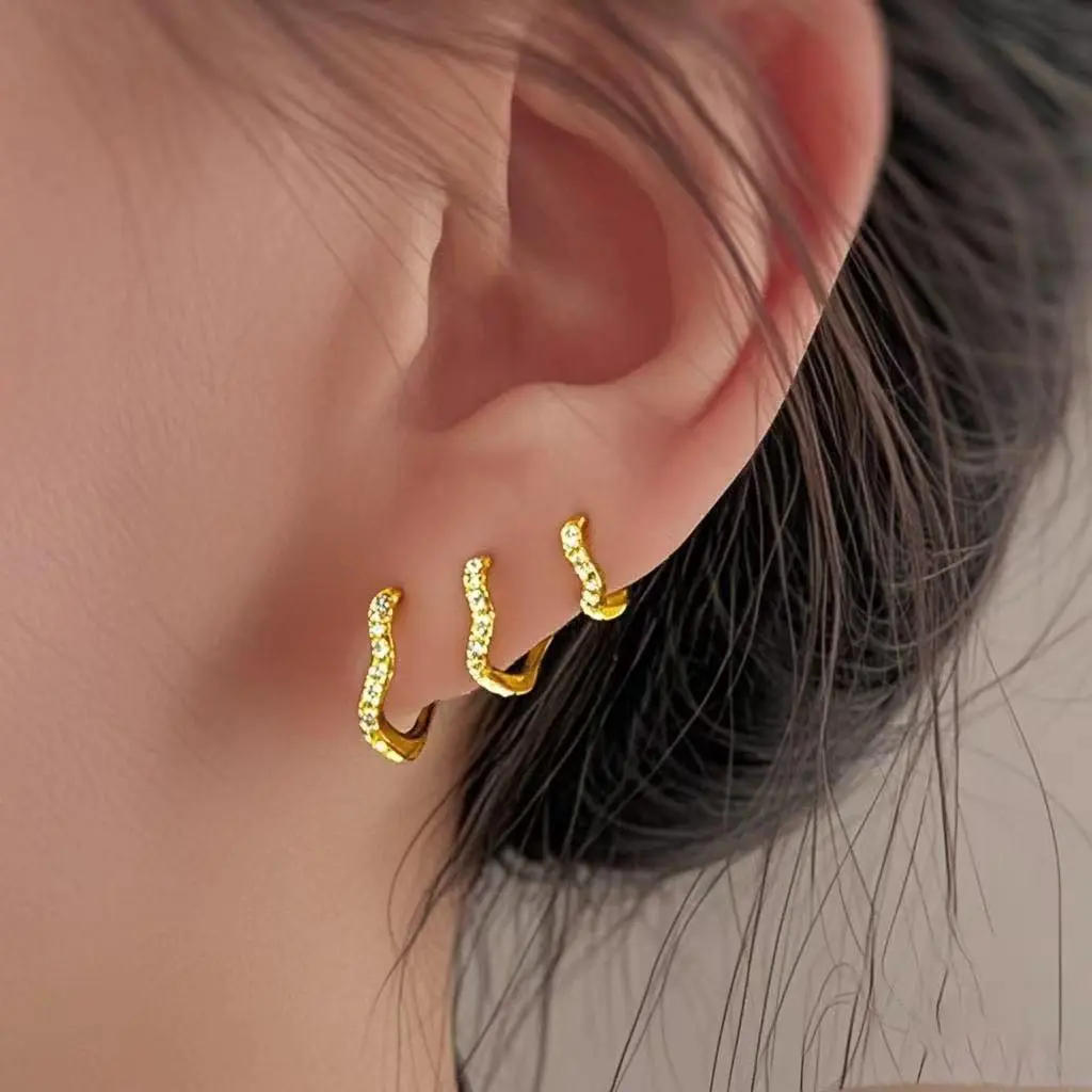 2PCS Stainless Steel Minimal Wave Hoop Earrings for Women Gold Color Crystal Zirconia Small Huggie Ear Rings Piercing Jewelry