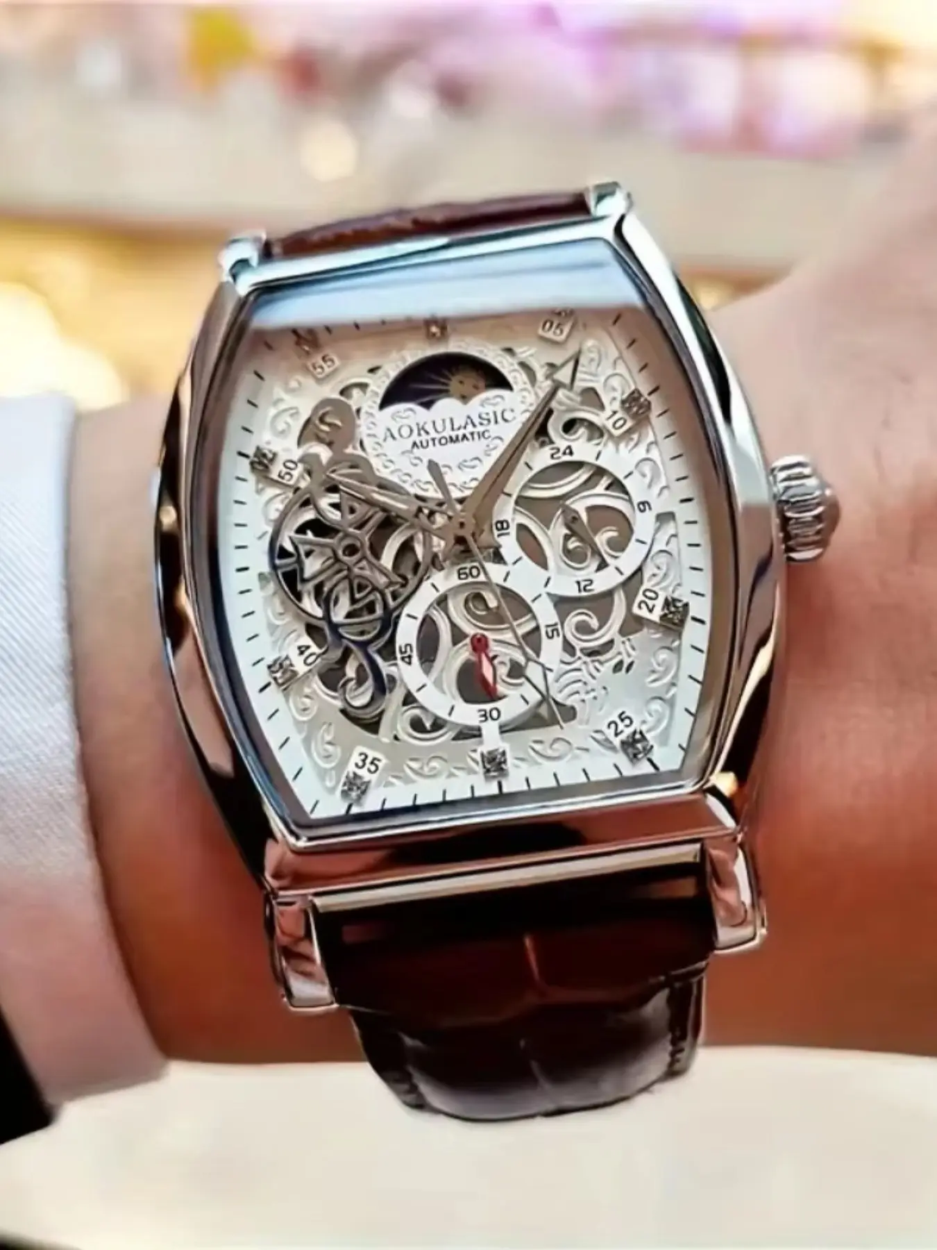 Elegant Men's Tourbillon Automatic Mechanical Watch, Luxury Leather Strap, Business Casual Style, Barrel Shape Watch Face Dial, Ideal Gift, Barrel Shaped Watch, Analog Mechanical Watches