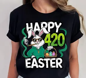 Happy 420 Easter Day Shirt - Sweatshirt - Hoodie, Bunny Smoking Weed Funny Men & Women, Funny 420 Graphic Tee, Trending Easter 2025 Casual Women's Round Neck Tee