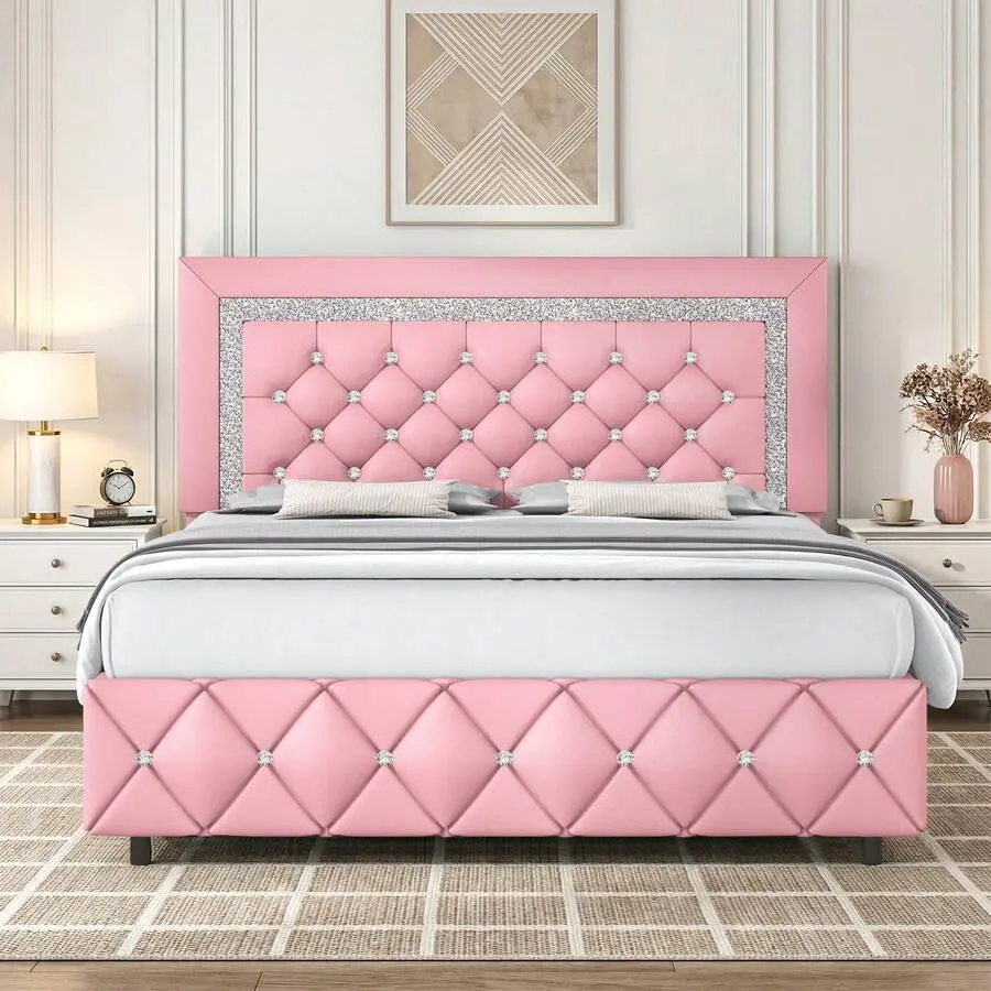 Twin/ Full/ Queen/ King Size Bed Frame, Upholstered Bed Frame With Diamond Headboard And Footboard, Pearl White/ Beige/ Black/ Grey/ Pink/ Purple/ Green, Bed Frame Full Bed