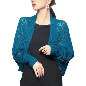 Women Lightweight Crochet Hollow Bolero Shrug Long Sleeve Cardigan Soft Sweater Open Front Cape Shawl