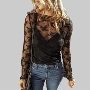 Black Lace Mesh Crochet Splicing Slim Fit Long Sleeve Blouse with Intricate Detailing and Sheer Fabric for Elegant Style - Shirts, Top