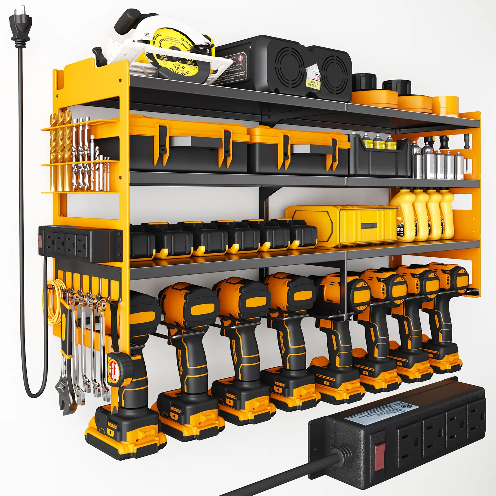 Heavy Duty Metal 3-Tier Wall Mount Power Tool Organizer Rack, Built-in 4-Outlet Power Strip with Hooks & Bit Slots, Drill Holder Storage Shelf for Garage Workshop