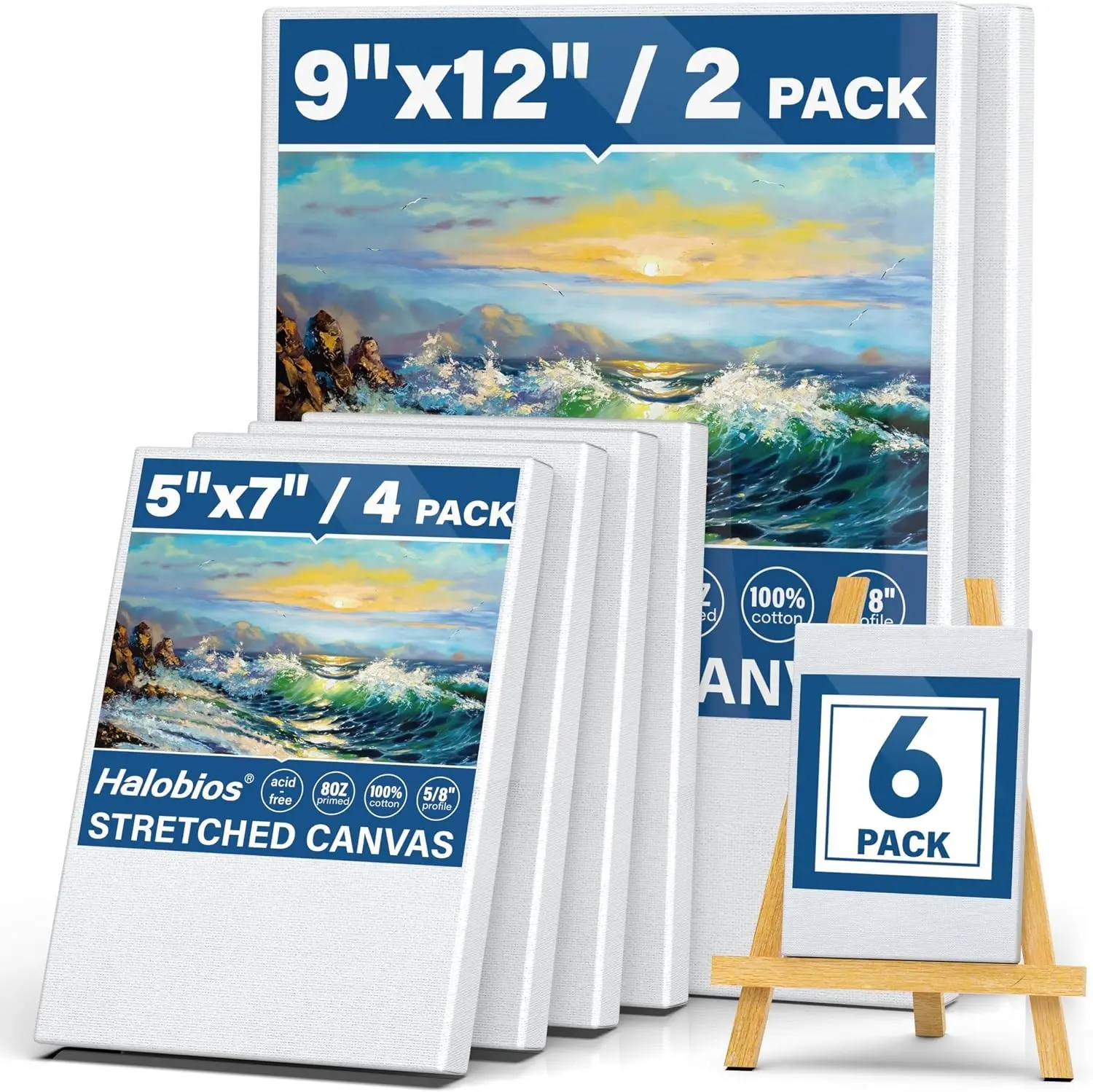 Halobios 6 Packs Stretched Canvases for Painting with 5x7in,9x12in Canvas, Blank Canvases for Acrylics, Oils & Other Painting Media, 5/8 Inch Profile 100% Cotton Artist Framed Canvas