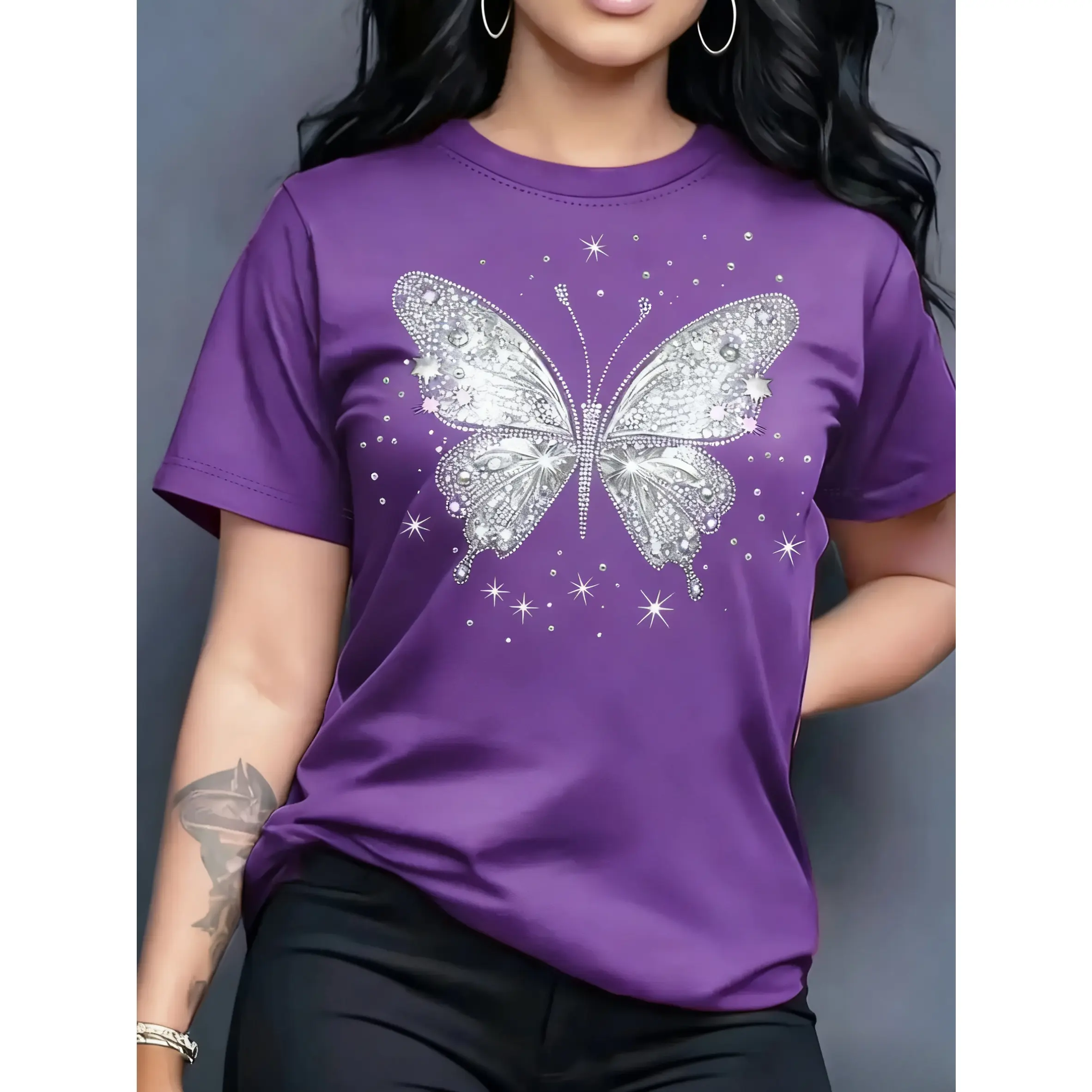 Women's Butterfly Print Smooth Fabric Short-Sleeve Round Neck Fit T-Shirt - Shiny Purple Casual Top, 100% Polyester, Lightweight, Breathable, Machine Washable, Suitable for Spring, Summer