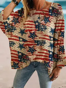 Independence Day Spring Summer Round Neck Hollow Out Batwing Sleeve Top, Star Print Boho Style, Beach Vacation Casual Layered Vest, Womenswear
