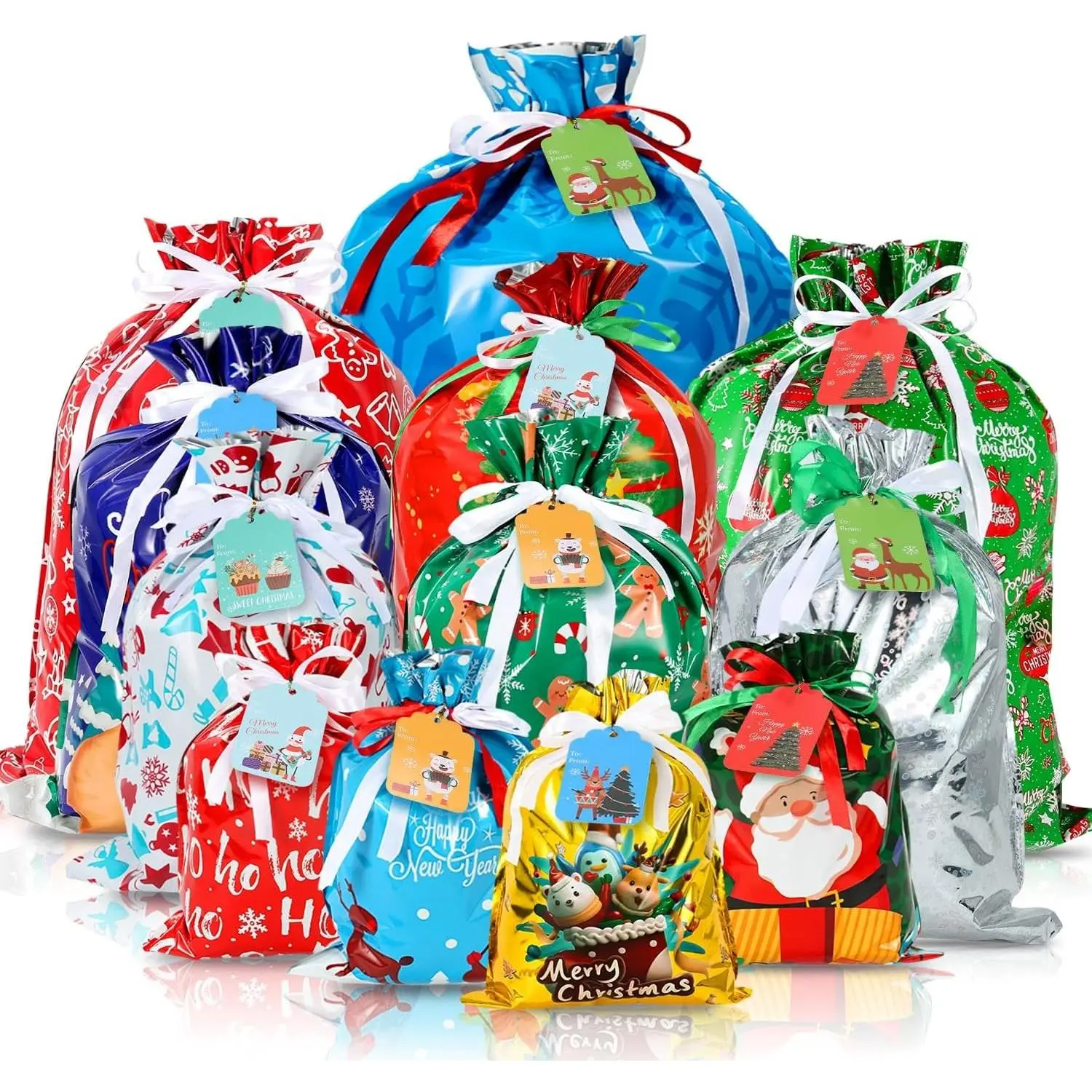 Christmas packaging Gift Bags with Tags, Assorted Sizes, Christmas Foil Gift Wrapping Sacks Pouches for Presents Party Favor, Holiday Drawstring Birthday Gift Bags, Reusable Bags night light bag Wearable Helmet Voice Control Blue Filter Gaming Glasses