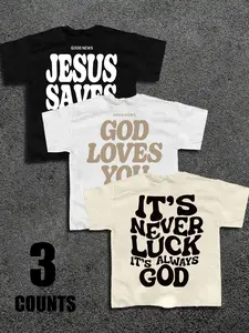 3-Pack "Jesus Saves" Christian Slogan Graphic Short T-Shirts | Faith Streetwear Casual Tees Set