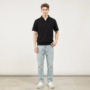 Men's Knit Black Polo Shirt, Short Sleeve Collared Tee, Relaxed Fit, Soft Lightweight, Classic Minimalist Casual Style #757