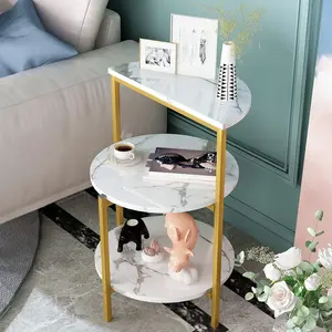 Hooseng 3-Tier White and Gold End Table | Faux Marble Semi-Circular Side Table with Gold Metal Frame | Easy Assembly & All Tools Included | Small Round Table for Bedside, Living Room & Small Spaces