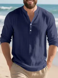 Men's spring and autumn linen Henry collar loose long-sleeved shirt, breathable and skin-friendly, with a relaxed vacation style, suitable for daily leisure and seaside trips, comfortable and not restrictive, couple's outfit