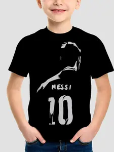 Boys' Fashion 3D Print Quick-Dry Football T-Shirt Messi No. 10 Backprint Summer Breathable Sports Top, Casual Fit, Daily Wear & Outdoor Activities