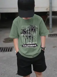 Boys' Casual Simple Round Neck Short Sleeve T-Shirt, Classic Vacation Palm Tree 3D Print, Summer Wear, Slim-Fitting Long Clothing, Graphic Printed Shirt, Graphic Tees, Graphic Fashion Tee