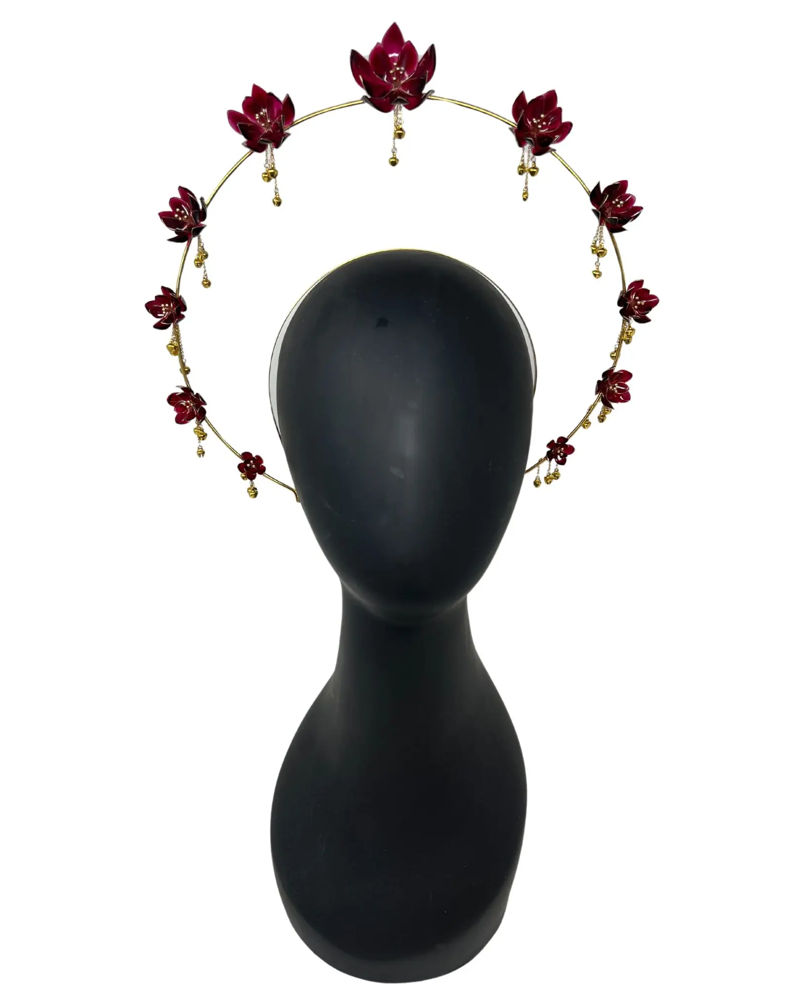 Yuletide Halo Headpiece for Special Events and Costumes Handcrafted Resin Flowers with Tiny Bells Metal Halo Accessory