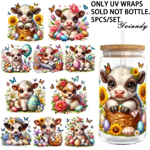 5Pcs/Set Easter Highland Cattle 16OZ Glass Jar Transfer Paper UV DTF High Self-Adhesive Transfer Paper Suitable For Decorating Cups And Bottles Decal Sticker Adhesive Stickers Animals