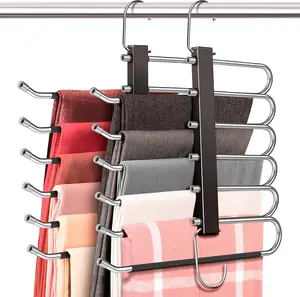 Space Saving 6 Tier Pant Hangers 2 Pack, Anti-Slip, Multifunctional Rack Closet Organizers Pre-Assembled Metal Hangers for Pants,Jeans, Trousers,Scarf