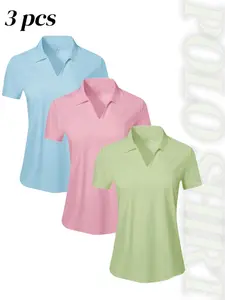 Women's Spring Summer Casual Sports Polo Shirt, Soft Stretch Breathable V Neck Top, Ideal for Tennis Fitness Running Hiking