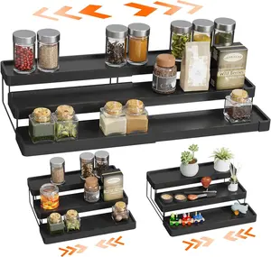 Expandable Spice Rack Organizer for Cabinet - 3 Tier Adjustable Cabinet Spice Organizer Easy Visibility - Spice Organizer for Cabinet Countertop Cupboard Pantry Organization 1 Pack 2 Pack Black White Kitchen Jar  Shelf spice shelf spicerack makeover