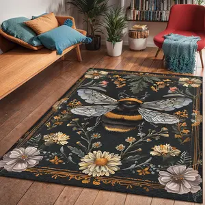 Vintage Bee & Flower Pattern Floor Mat, Non-slip Soft Floor Carpet, Decorative Area Rug for Home Living Room Bedroom, Home Decor, Floral Insect Rug