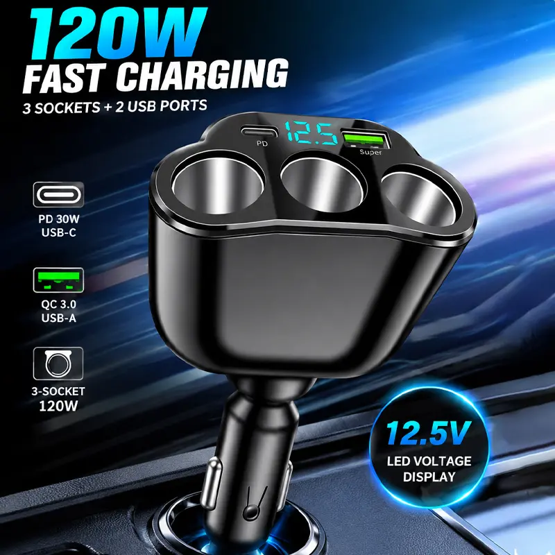 [Summervibes]3-Socket Car Charger Adapter - Smart Charger Kits with CarPlay, HDMI Video Playback, Fast USB-C PD Charging, Digital LCD Voltage Display Splitter, 12V/24V Auto Accessory for Cars, SUVs