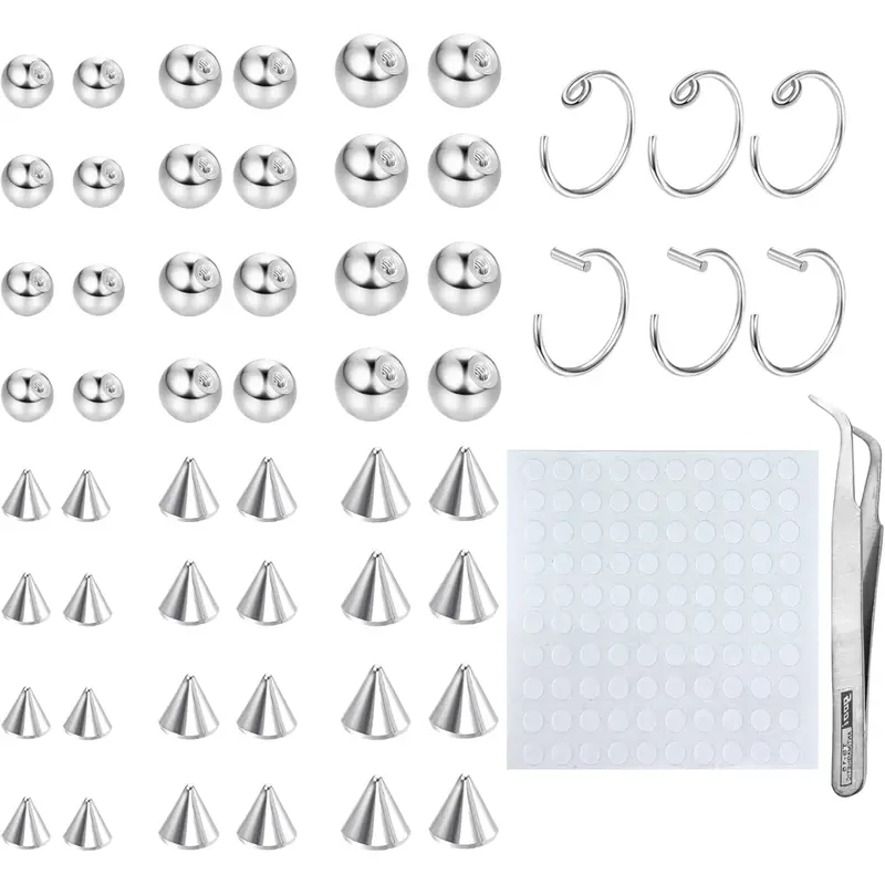 【Black Friday】Silver-Tone Eyebrow and Lip Jewelry Set with Ball, Spike, and Hoop Designs, 3 mm, 4 mm, and 5 mm Studs, 100 Adhesive Tabs Included