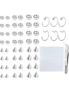 Non-Piercing Fake Eyebrow & Lip Labret Studs Set, Silver Color, 3/4/5mm Sizes, 100pcs Adhesive Included, Spike Design, Body Piercing Jewelry