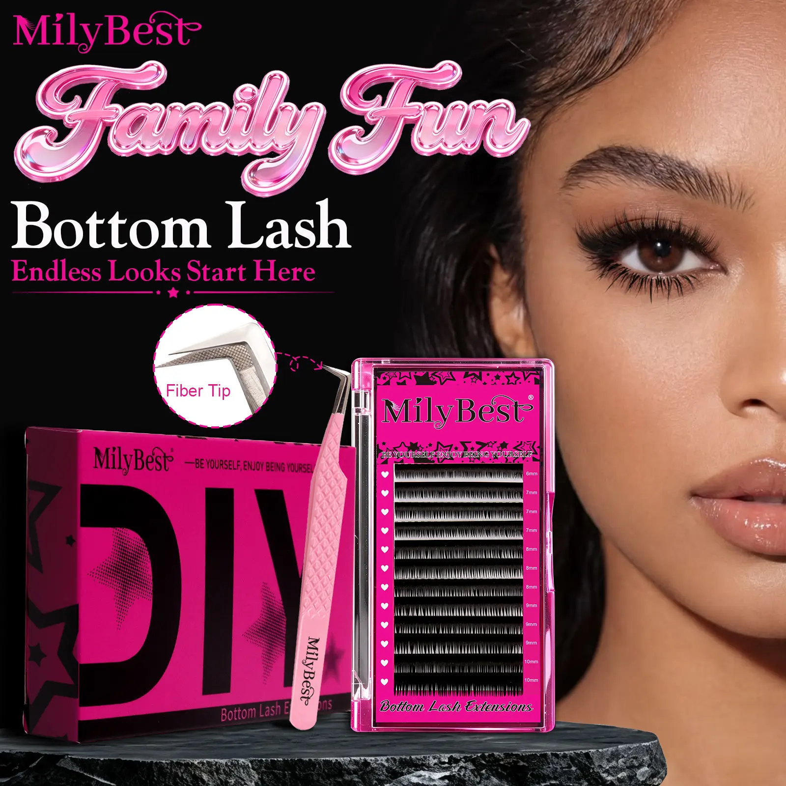 MilyBest Bottom Eyelash Extensions Kit with Lash Cluster, 6-10mm Mix Length, Ultra-Matte Black Natural J-Curl, Wispy Spiky Varied Thickness Feather-Light Bandless Lashes, Waterproof Longwear Reusable, Pro Fiber-Tip Tweezer, Makeup Products,familyfun