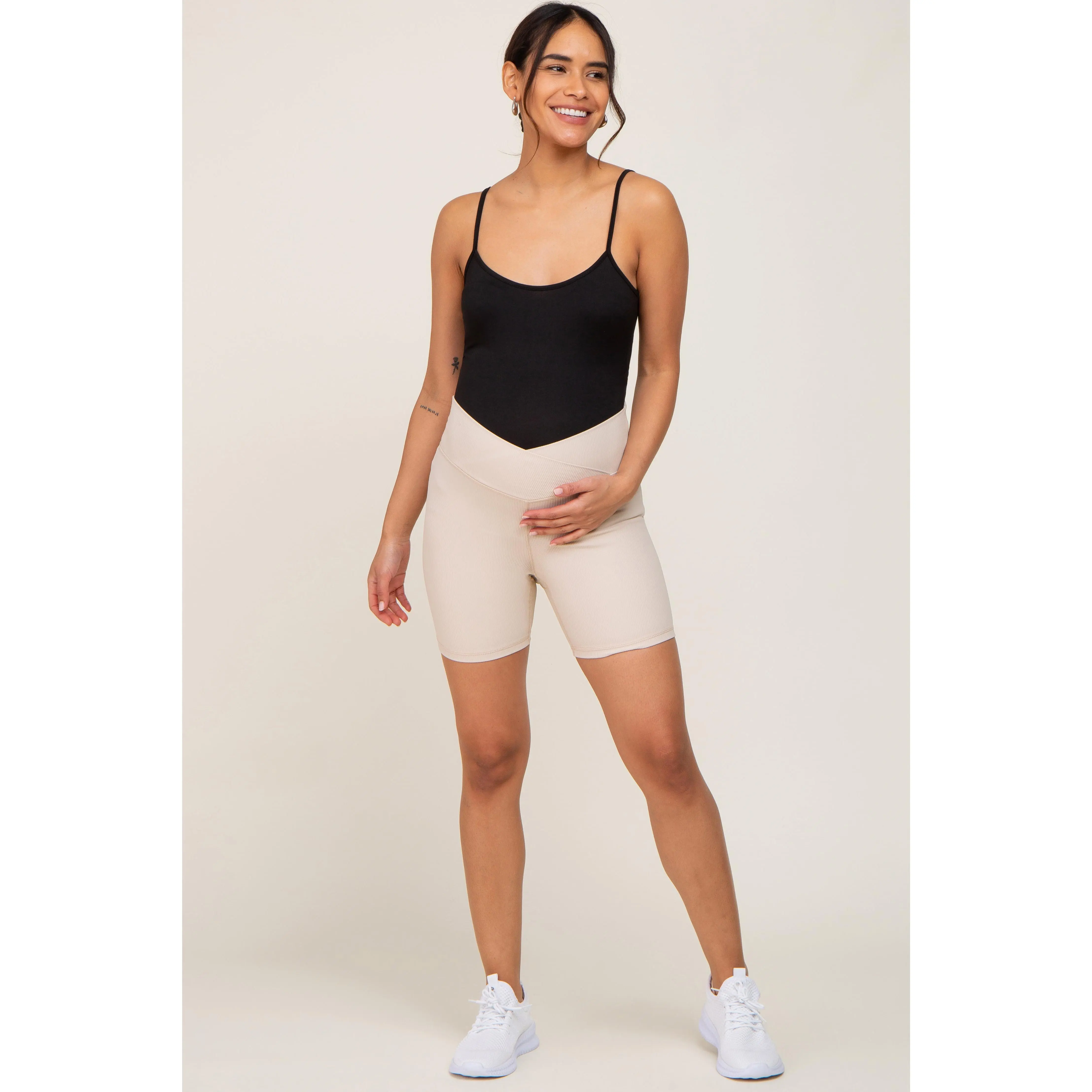 Beige Ribbed Crisscross Maternity Biker Shorts