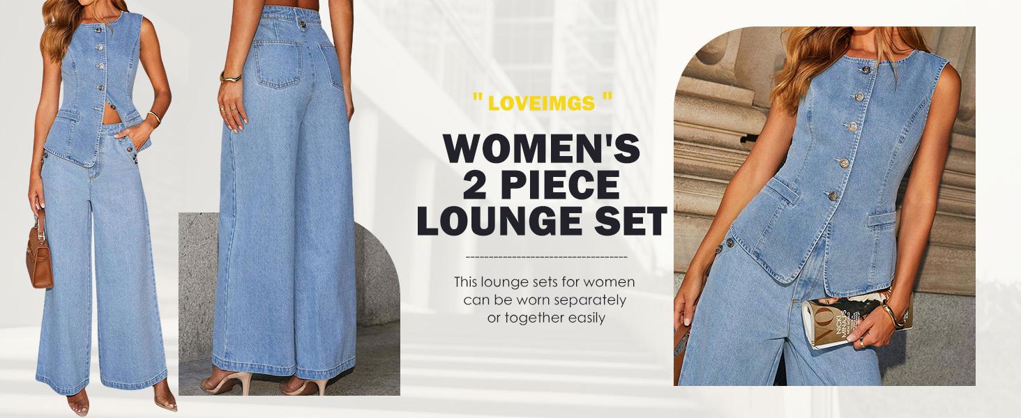 Chouyatou Women Y2K Denim 2 Piece Outfits Button Sleeveless Jean Vest Top Wide Leg Palazzo Jeans Matching Set