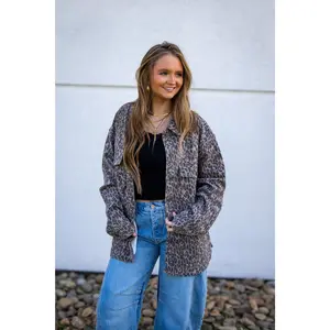 Hidden ABBEY Cheetah Print Oversized Shacket Drop Shoulder Long Sleeve Fitted Casual Jacket with Button Embellishment