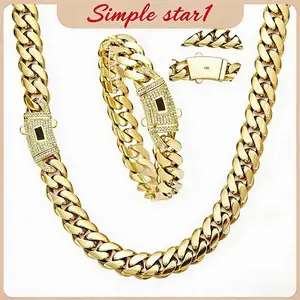 14K Gold-Plated Cuban Chain Necklace and Bracelet Set, Men's Accessories with Zirconia, Hip-Hop Style, Waterproof Tarnish-Resistant Jewelry, Beach Essentials, Chains for Men, Available in 6MM-14MM Sizes, Perfect for Parties     necklace  camera  boyfriend