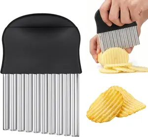 Large Crinkle Cutter Potato Knife Cutter French Fry Slicer Potato Cutter Fruit Vegetable Wavy Chopper Knife Stainless Steel Black 2pack
