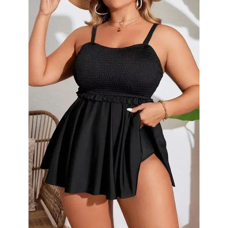 Plus Size Black  Swim Dress with Pockets, Smocked Top A-Line Skirt Two Piece Swimsuit, Slimming Ruffle Waist Swimwear for Women, Beach Vacation Pool Bathing Suit,Viral Black Plus Size Swim Dress  Set, Flowy Skirt with Pockets sport bra
